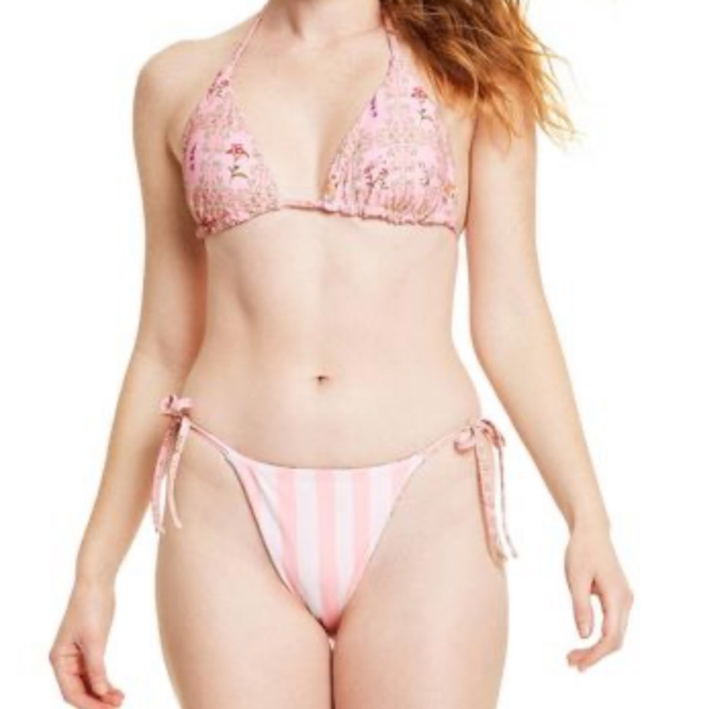 Agua Bendita Dainty Floral/Stripe Low-Rise Cheeky Bikini Bottom